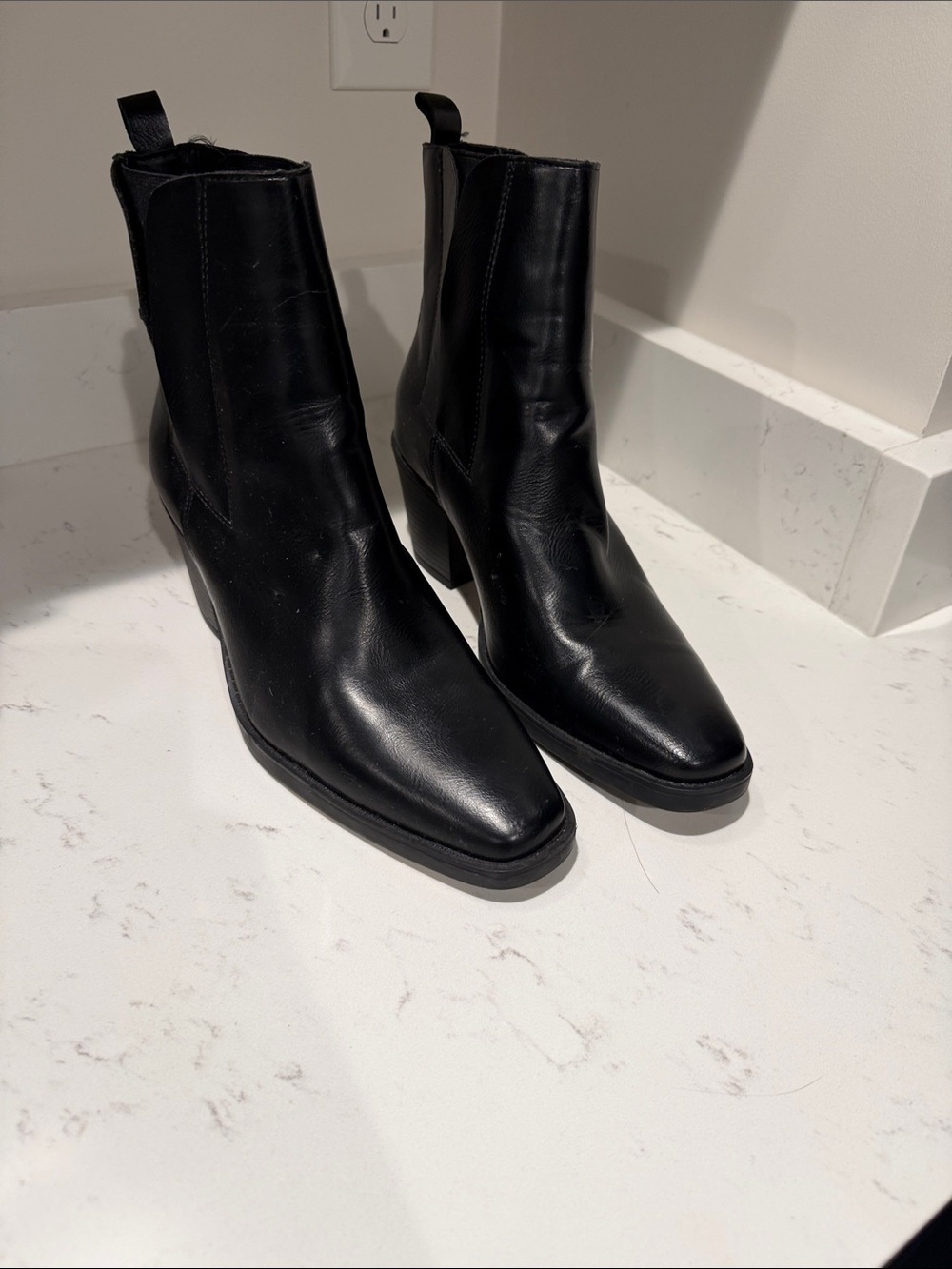 Black Leather Square-Toe Ankle Boots